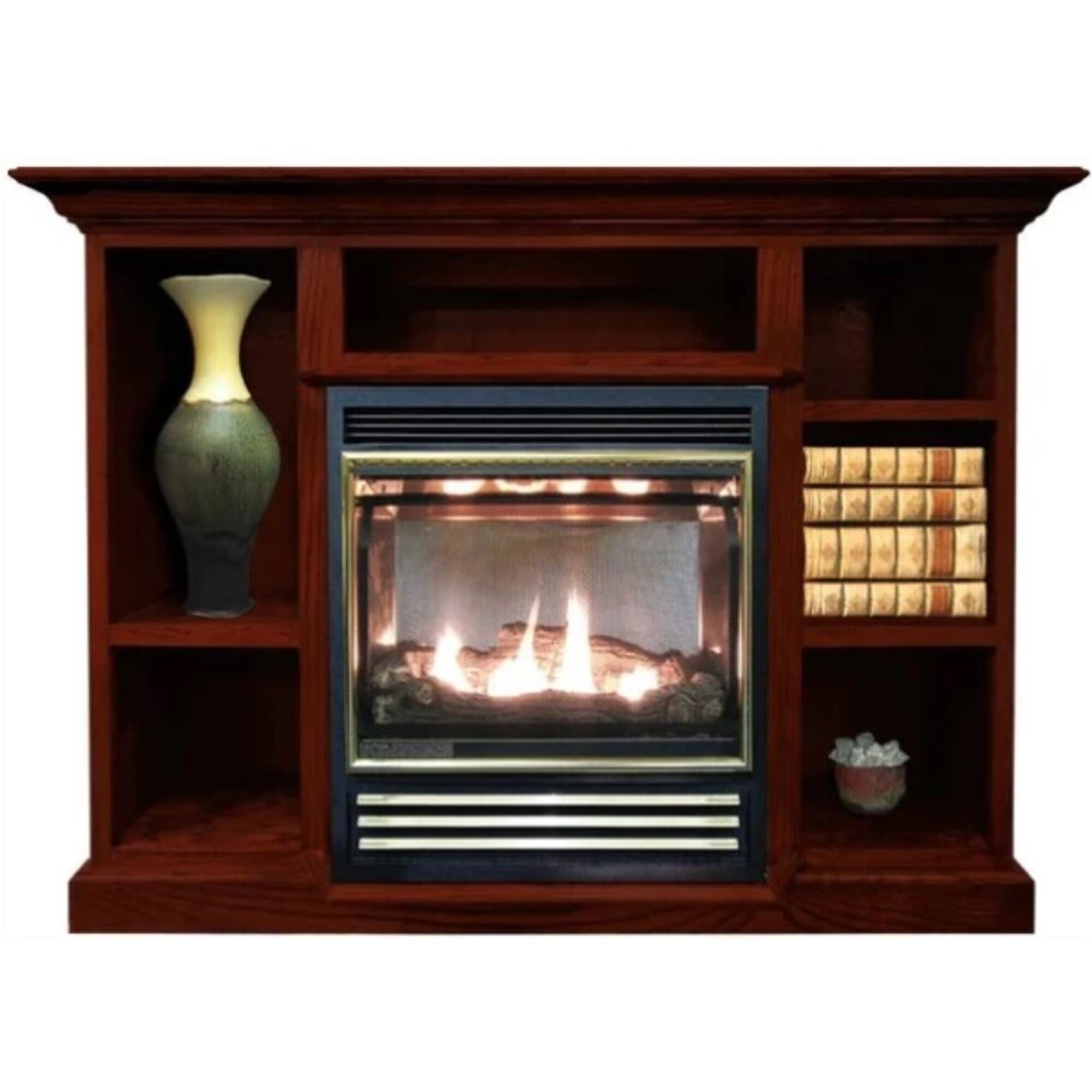Buck, Vent Free Gas Fireplace with Cherry Mantel Combo, Heat Output 25000 Btu/hour, Heating Capability 1000 ft², Model# NV 11272NATPRES-CHRY